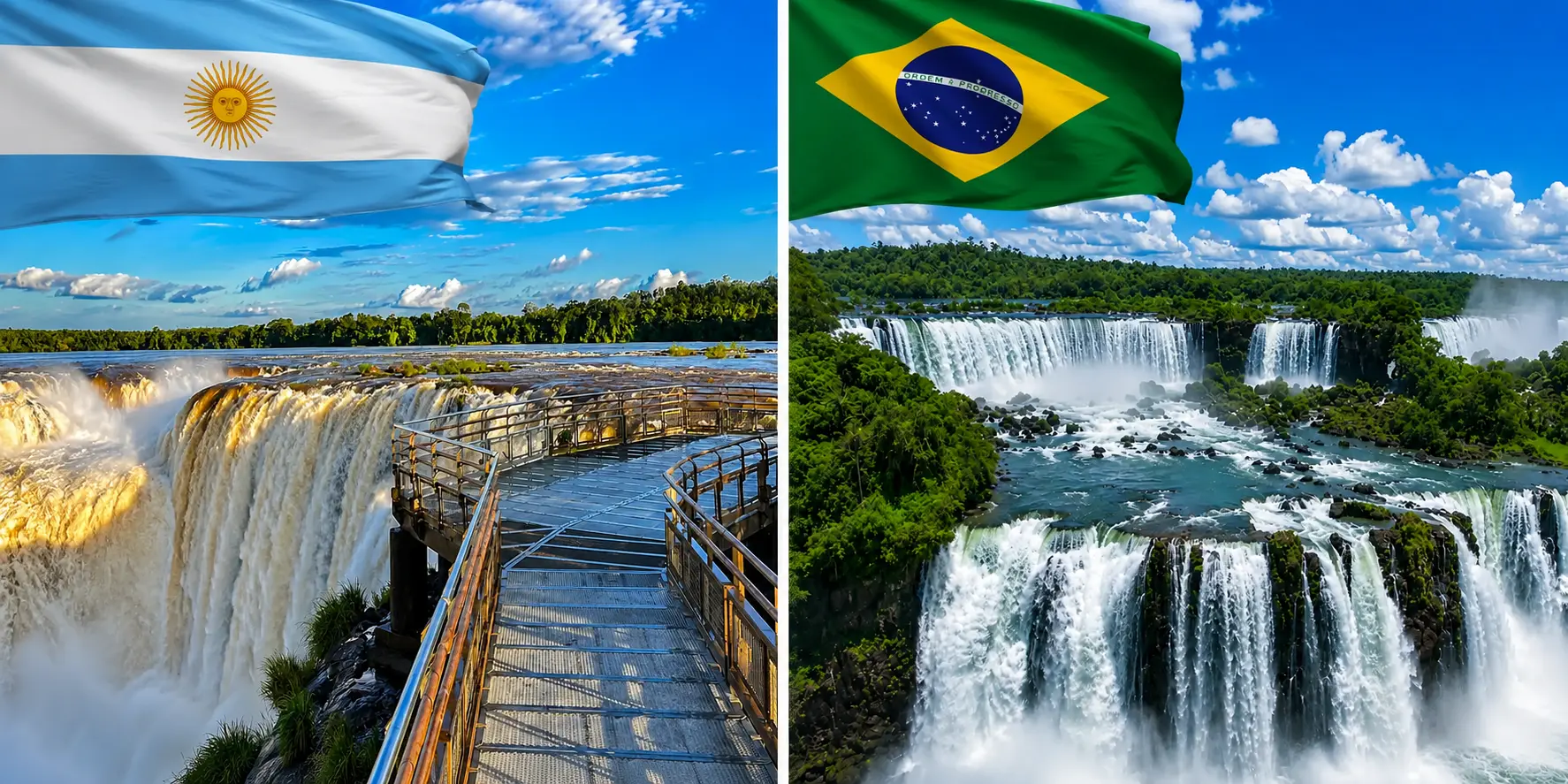 Split comparison of Iguazu Falls: the Argentine side's close-up walkways marked with the Argentine flag, and the Brazilian side's wide panoramic view marked with the Brazilian flag